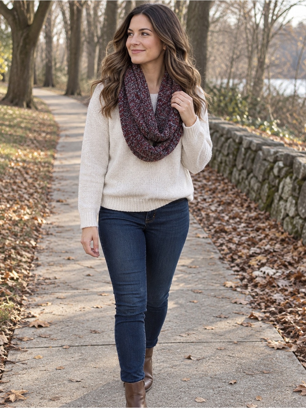 D&Y David & Young Burgundy Gray Marled Knit Infinity Scarf
